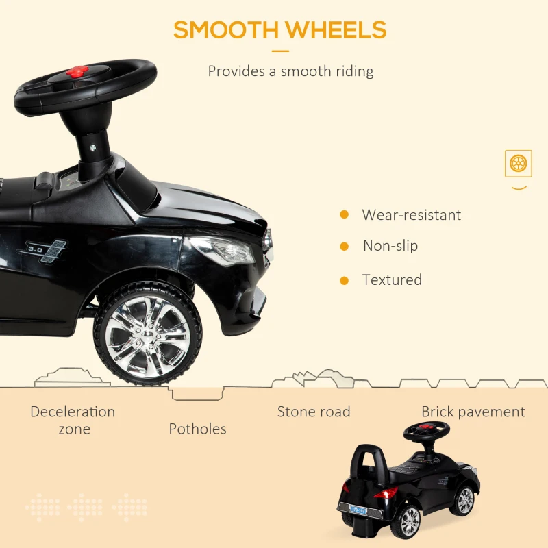 Aosom Kids Ride On Push Car, Foot-to-Floor Walking Sliding Toy Car for Toddler with Working Horn, Music, Headlights and Storage, Black