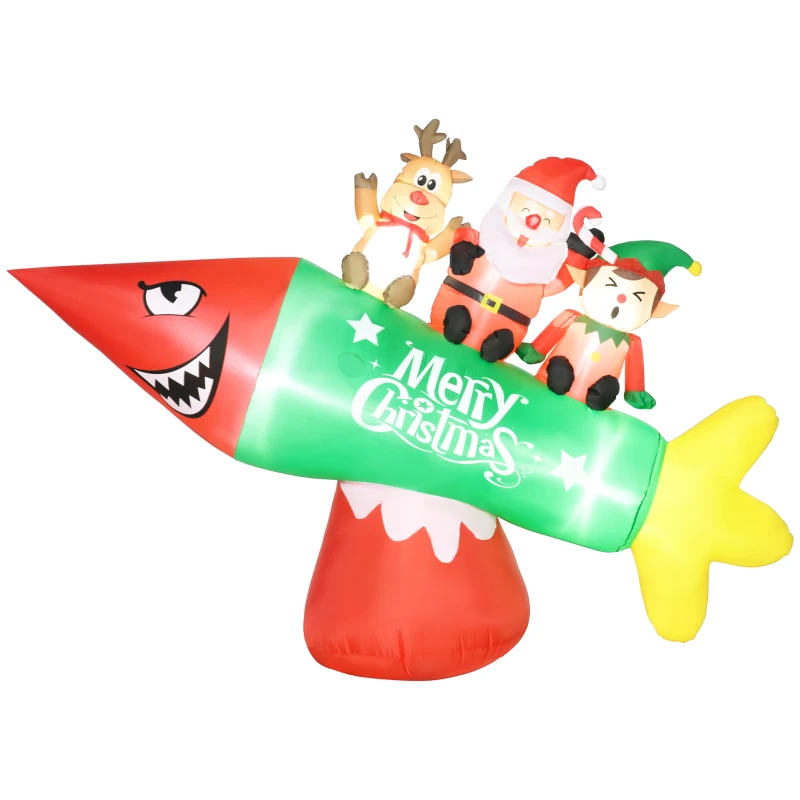 HOMCOM 9' Christmas Inflatables Outdoor Decorations Rocket Carrying Santa Claus, Elf, and Reindeer, Blow-Up LED Yard Christmas Decor, Waterproof