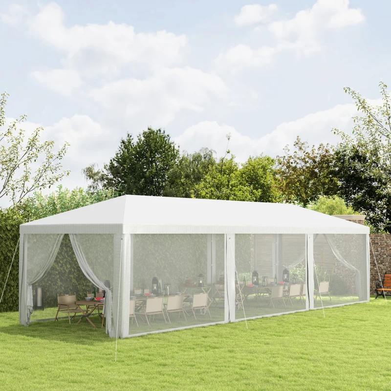 Outsunny 10' x 28' Outdoor Canopy, Party Tent, Garden Sun Shade with 8 Mosquito Mesh Netting and Zipper Door, White