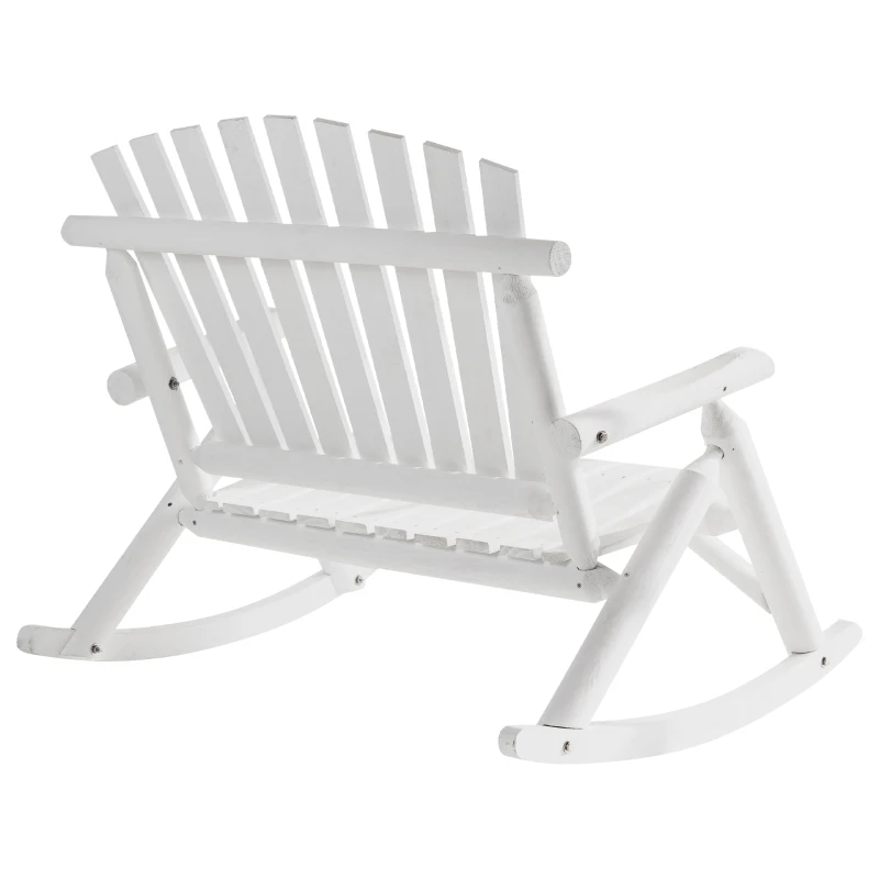 Outsunny Outdoor Wooden Rocking Chair, Double-Person Adirondack Rocking Patio Chair with Rustic High Back, Slatted Seat and Backrest for Indoor, Backyard, Garden, White