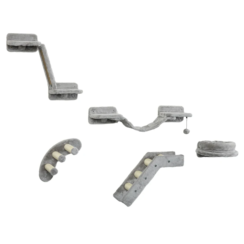 PawHut 5PCs Cat Wall Shelves with Scratching Post, Ladder, Cat Bed, Jumping Platform, Perches, Toy Ball, Step