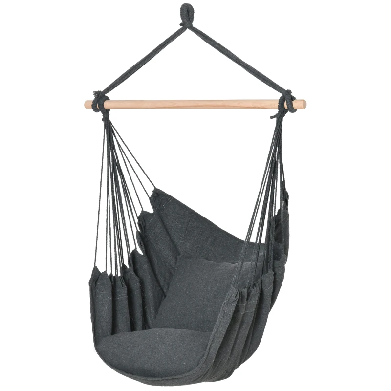 Outsunny Hammock Chair Swing Hanging Macrame Chair Cotton w/ Two Soft Seat Cushions, for Bedroom Indoor Outdoor Ideal Gift for Kids Lover Birthday Present, Dark Grey