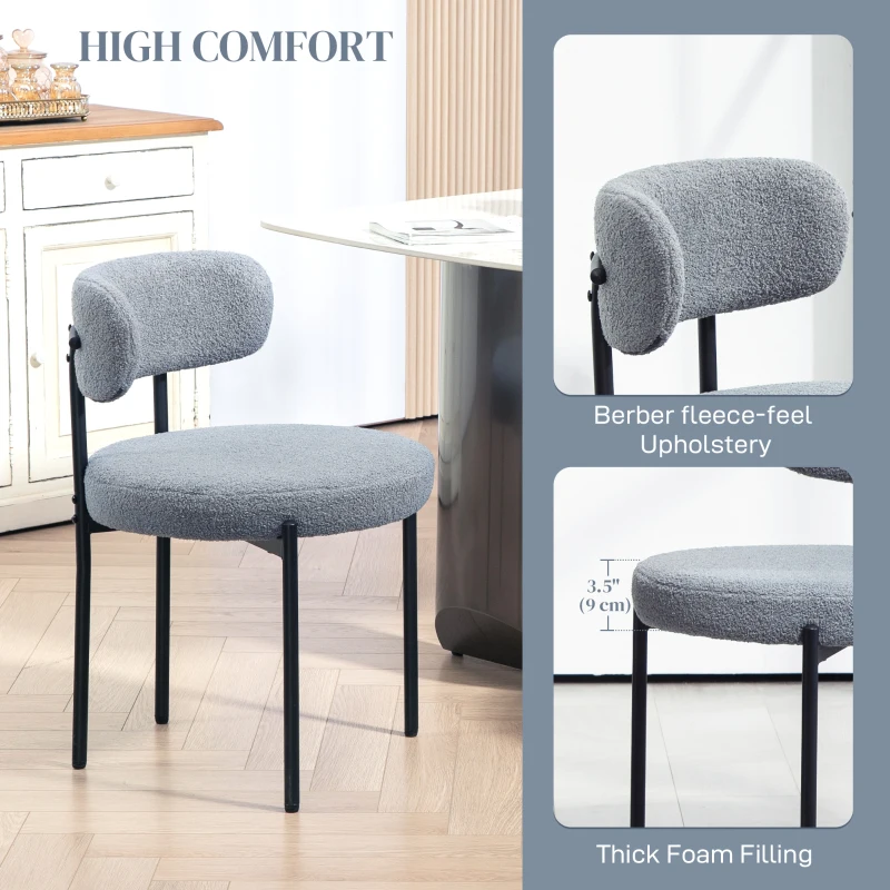 HOMCOM 2 Pieces Kitchen Chairs, Modern Dining Chairs w/ Berber Fleece Upholstery and Steel Legs for Living Room, Grey