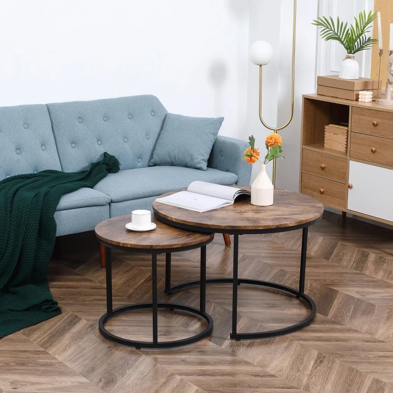 HOMCOM Round Nesting Tables Set of 2, Stacking Coffee Table Set with Metal Frame for Living Room, Rustic Brown
