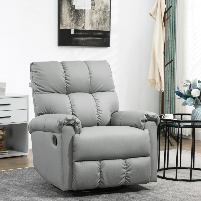 HOMCOM Rocker Recliner Chair with Overstuffed Back and Seat, Faux Leather Manual Reclining Chair with Footrest and 360 Swivel Rotation Base for Living Room, Gray