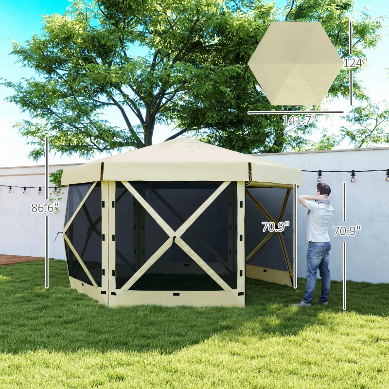 Outsunny 12' x 12' Hexagonal Pop Up Gazebo Canopy Tent with 5 Sidewalls, Outdoor Canopy Shelter with Carry Bag, Beige