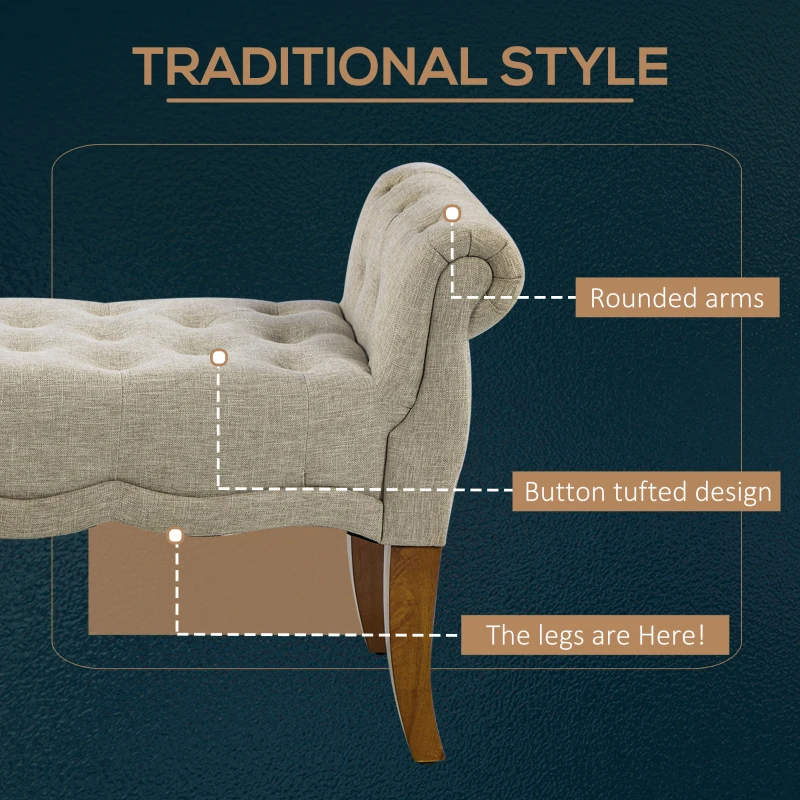 HOMCOM Traditional Style End of Bed Bench, Upholstered Entryway Bench with Button Tufted and Rounded Arm, Beige