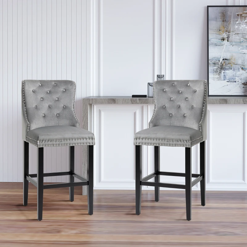 HOMCOM Upholstered Fabric Bar Stool Set of 2, Button Tufted 29.5" Seat Height Pub Chairs with Back & Wood Legs, Grey