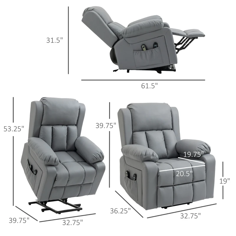 HOMCOM Electric Recliner Chair, Lift Chair for Elderly with Vibration Massage, Remote Control and Side Pockets, Gray