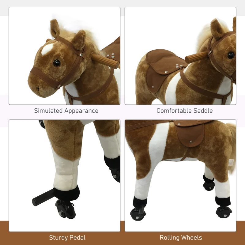 Qaba Kids Plush Ride On Toy Walking Horse with Wheels and Realistic Sounds, 30"H, Brown