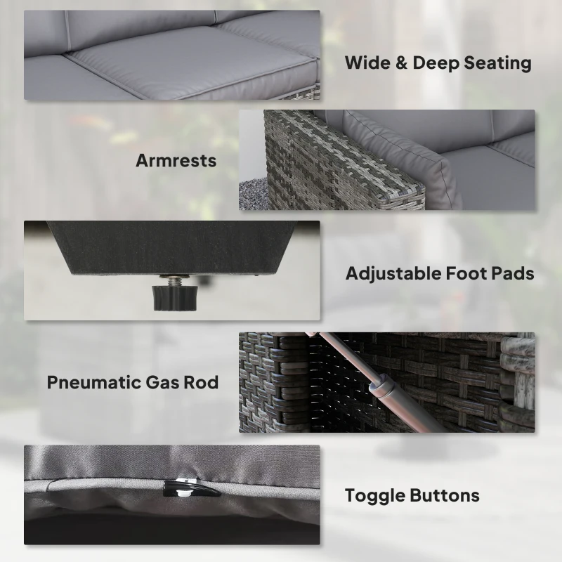 Outsunny 3 Seater Wicker Sofa with Side Trays, Outdoor Patio Couch with 6" Thick Back Cushions, Deep Seating, Mixed Gray