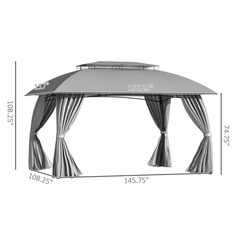 Outsunny 10' x 13' Outdoor Gazebo Patio Gazebo Canopy, Double Vented Roof, Steel Frame, Curtain Sidewalls, Sun Shade Shelter for Garden, Lawn, Backyard, Deck, Gray