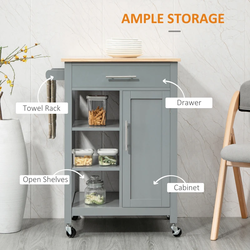 HOMCOM Kitchen Island, Compact Kitchen Cart on Wheels with Open Shelf & Storage Drawer for Dining Room, Kitchen, Grey