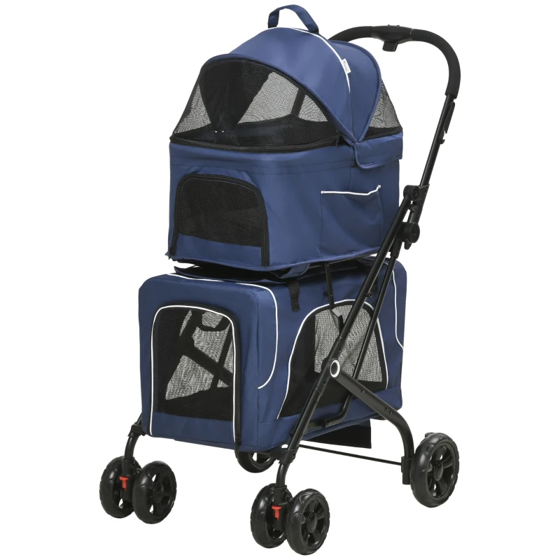 PawHut 3-in-1 Double Pet Stroller for Small Miniature Dogs Cats with Removable Carrier, Foldable Travel Carrier Bag, Car Seat, Blue