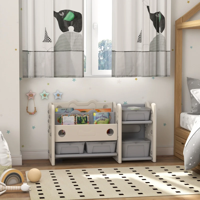 Qaba 2 Tier Kids Toy Storage Organizer with 4 Storage Boxes, Bookshelves, for Kids Room, Nursery, Playroom, Cream White