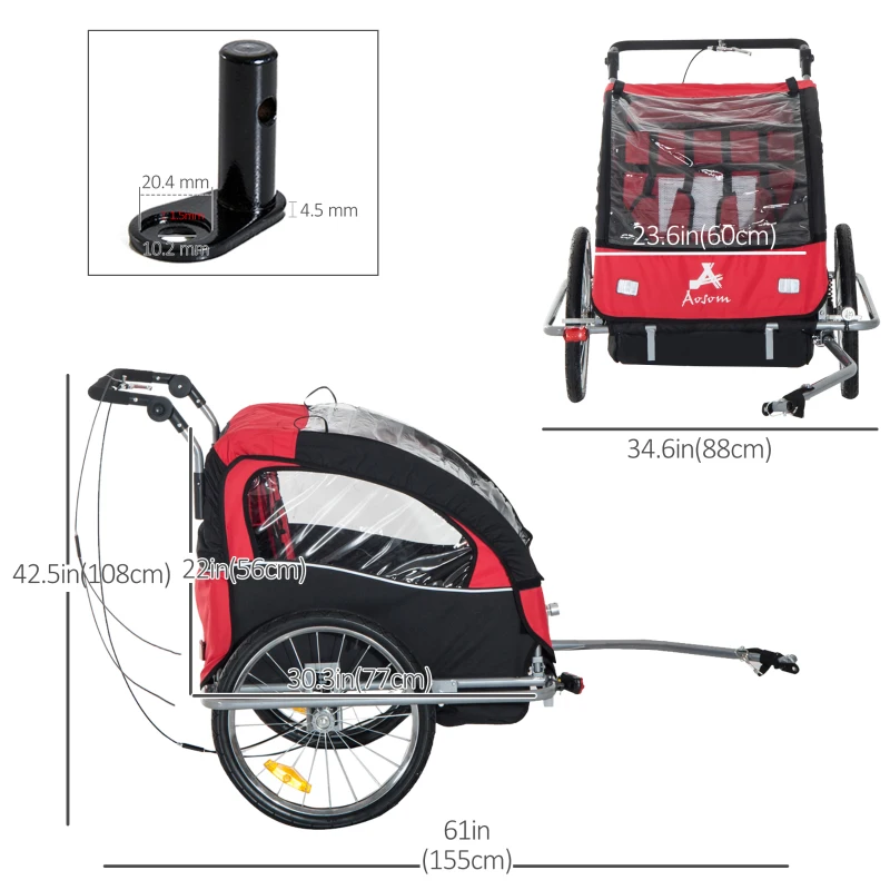 Aosom Double Child Bike Trailer Carrier Bicycle Trailer Foldable Black & Red