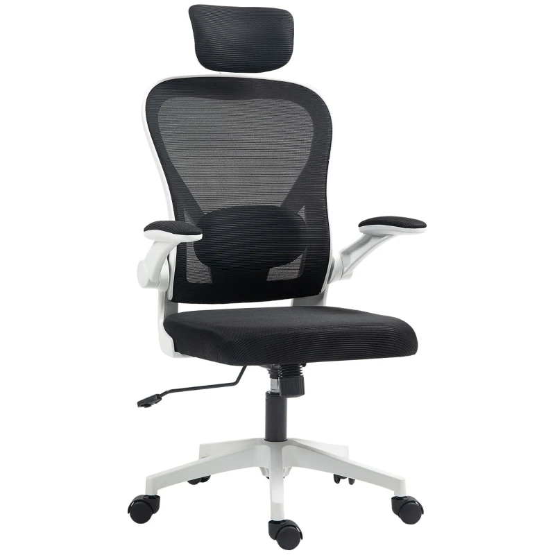 HOMCOM Mesh Office Chair, Ergonomic Desk Chair with Flip-up Armrest, Rotatable Headrest, Adjustable Lumbar Support, Black