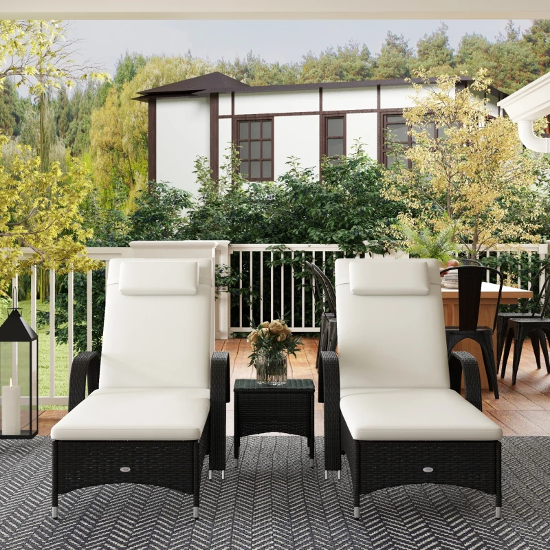 Outsunny Wicker Outdoor Chaise Lounge Chair Set of 3 with Side Table, 5-Level Adjustable Backrest PE Rattan Pool Lounge Chair with Wheels, Cushion & Headrest, Black and Cream White