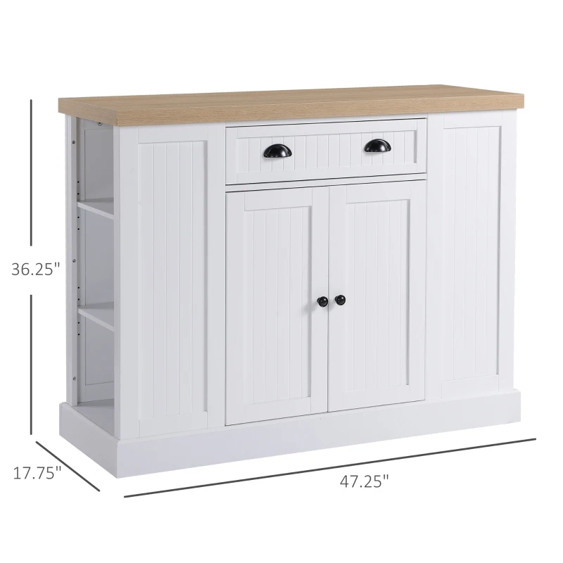 HOMCOM Fluted-Style Wooden Kitchen Island, Storage Cabinet w/ Drawer, Open Shelving, and Interior Shelving for Dining Room, White