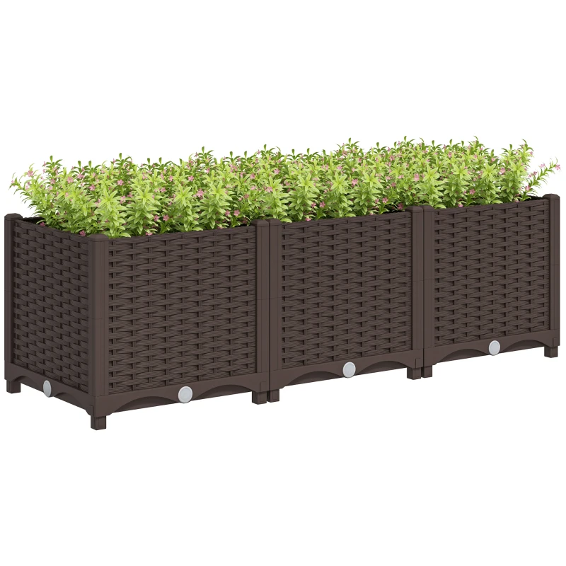 Outsunny Plastic Raised Garden Bed, 4 x 1 x 1 ft Outdoor Flower Box with Drainage Holes for Vegetables, Herbs, Brown
