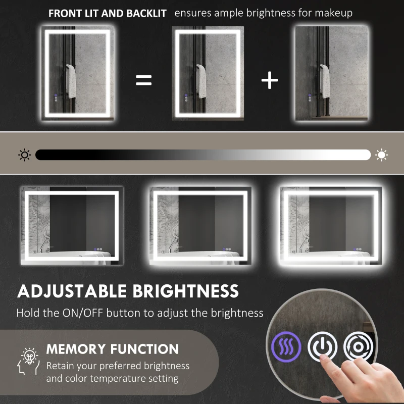 HOMCOM Dimmable Bathroom Mirror with Lights, 39" x 32" Backlit/Front Lit LED Mirror, Anti-Fog, Memory, Infinite Color Temp