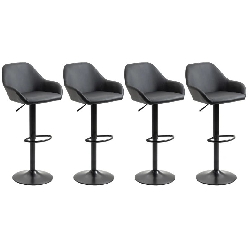 HOMCOM Adjustable Bar Stools, Swivel Counter Height Barstools with Footrest and Back, PU Leather and Steel Round Base, for Kitchen Counter and Dining Room, Set of 4, Black