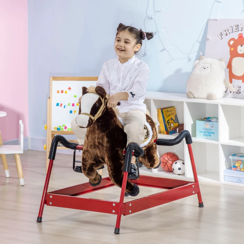 Qaba Kids Spring Rocking Horse, Ride on Horse for Girls and Boys with Animal Sounds, Plush Horse Ride-on with Soft Feel, Interactive Toy for Kids