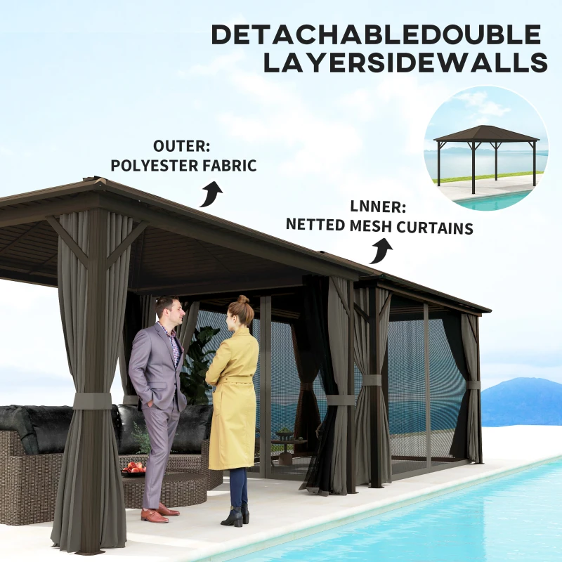 Outsunny 10' x 12' Deluxe Hardtop Gazebo with Metal Roof, Aluminum Frame Patio Gazebo Garden Sun Shelter Outdoor Pavilion with Curtains and Netting, Grey