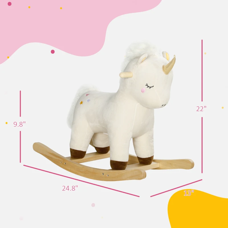 Qaba Kids Rocking Horse, Ride on Unicorn with Realistic Sounds & Wooden Base for Years 2-4, White