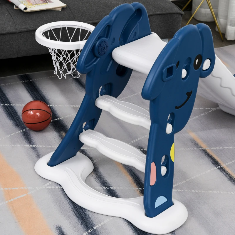 Qaba kids Slide for Indoor and Outdoor, Toddler Freestanding Slide Climber Toy for 18-48 Months Basketball Hoop, Ball and Inflator, Blue