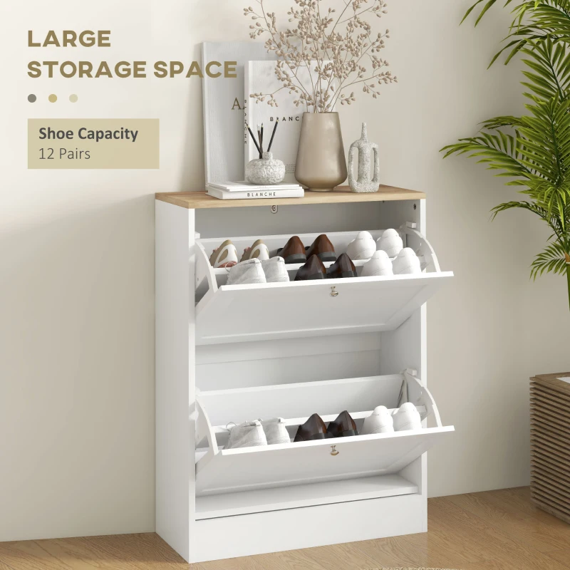 HOMCOM Slim Shoe Storage Cabinet, Modern Shoe Cabinet with 2 Flip Drawers and Adjustable Shelves for 8-12 Pairs, White
