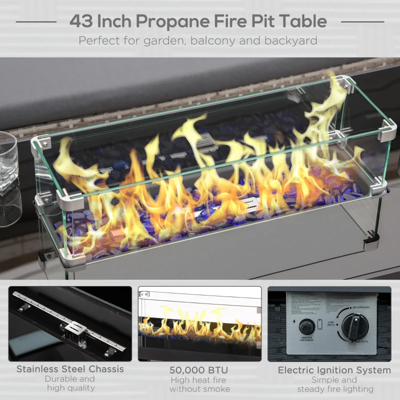 Outsunny Propane Fire Pit Table 43in Outdoor Fire Table, 50,000 BTU Pulse-Ignition Wicker Firepit Furniture with Glass Wind Guard, Blue Glass Rock, CSA Certification, Black