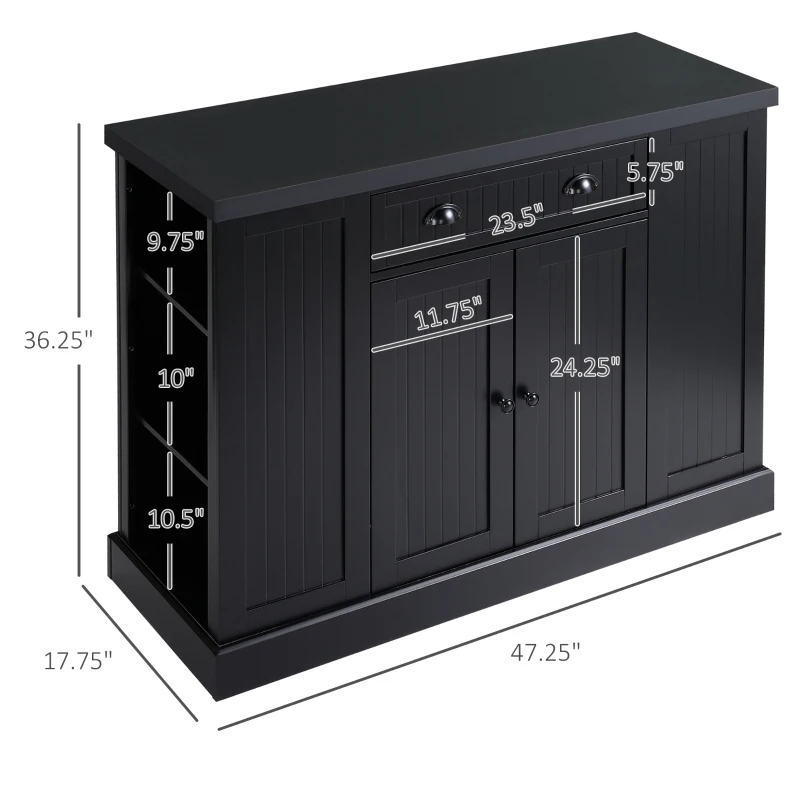 HOMCOM Cottage Kitchen Island with Storage, Buffet Cabinet with Drawer, 2-Door Cupboard, 4 Adjustable Side Open Shelves for Dining Room, Black