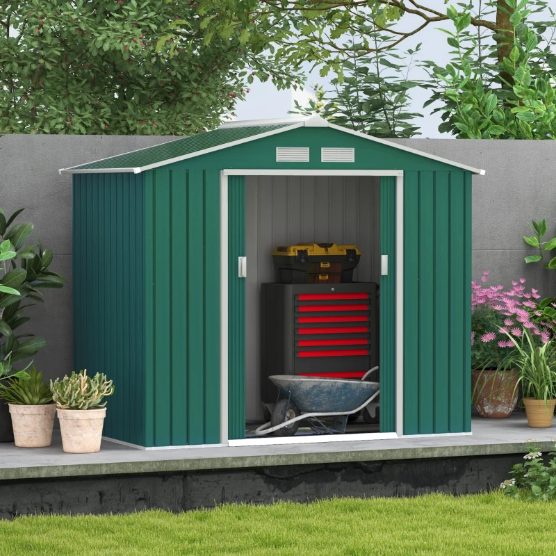 Outsunny 7' x 4' Outdoor Storage Shed, Garden Tool House w/ Foundation Kit Vents & Sliding Doors for Backyard Patio, Green