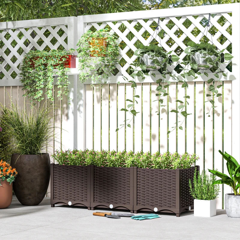 Outsunny Plastic Raised Garden Bed, 4 x 1 x 1 ft Outdoor Flower Box with Drainage Holes for Vegetables, Herbs, Brown