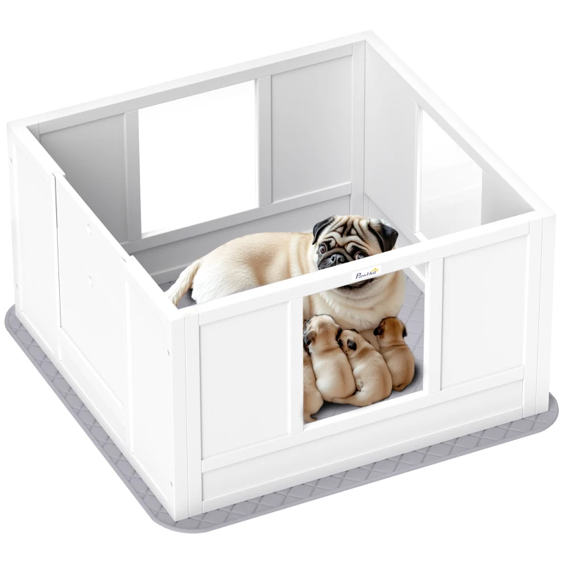 PawHut Whelping Box for Dogs with Whelping Pad, Adjustable Entrance, Non-slip Foot Pads, for Small Dogs, White