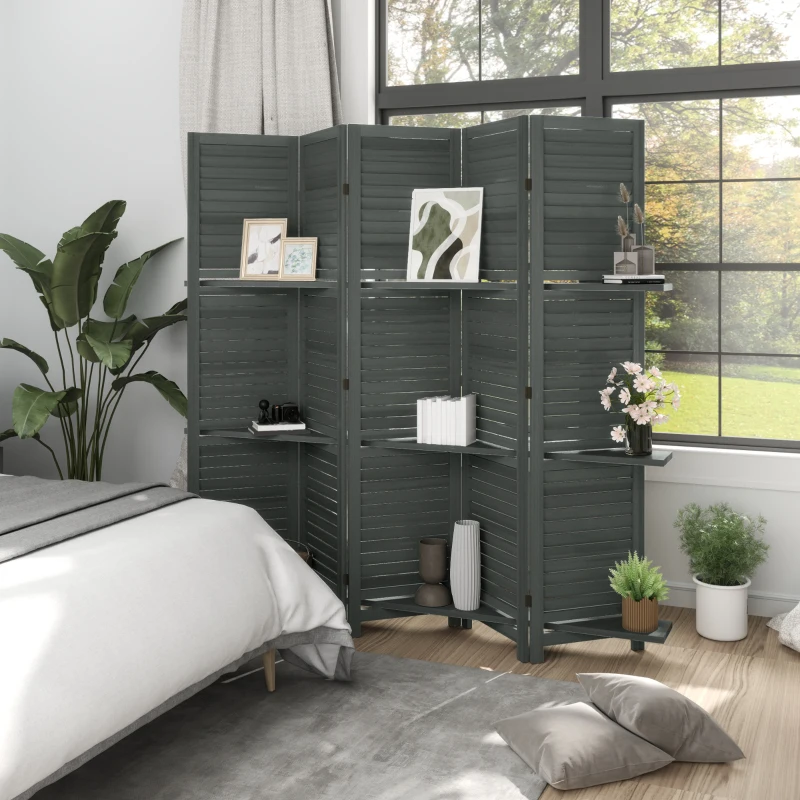 HOMCOM 5 Panel 67" Tall Wood Privacy Screen Room Divider with 3 Shelves and Folding Storage for Bedroom, Gray