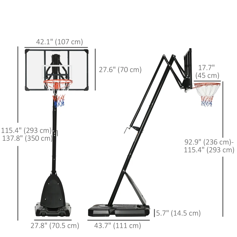 Soozier Outdoor Portable Basketball Hoop and Stand with Backboard Weighted Base Wheels, 115.4"-137.8" Height Adjustable