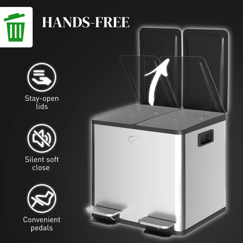 HOMCOM Dual Garbage Bin, Soft-Close Trash Can with Foot Pedal, 2 x 15 Liter Garbage Can with Removable Inner Buckets, Silver