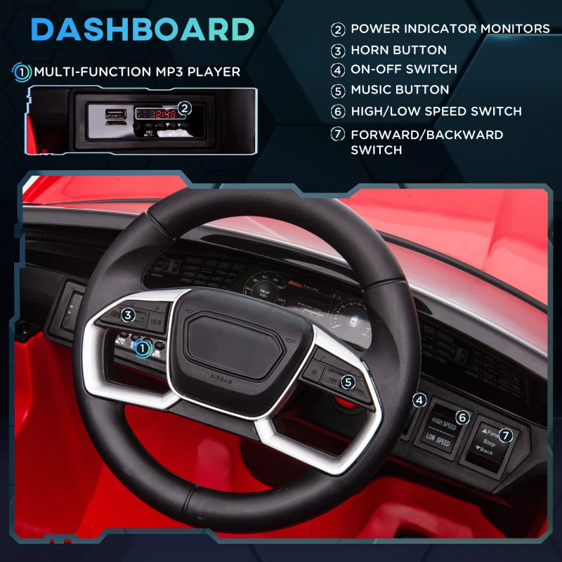 Aosom 12V Kids Electric Ride On Sports Car, Battery Powered Toy w/ Parent Remote Control, Safety Belt, LED Lights, Music, and Horn, for 3-5 Years Old, Red