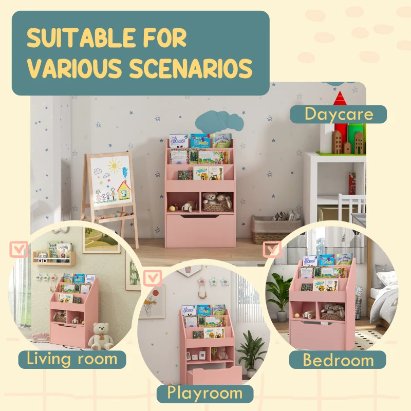 HOMCOM Kids Bookcase with Storage Drawer for Books, Reading Nook, for Classroom, Bedroom, Playroom, Pink