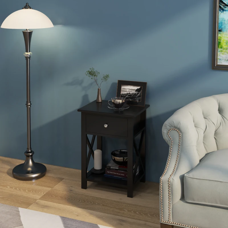 HOMCOM Farmhouse Side Table, End Table with Storage Drawer, Open Shelf and X-Frame, Bedside Table for Living Room, Black