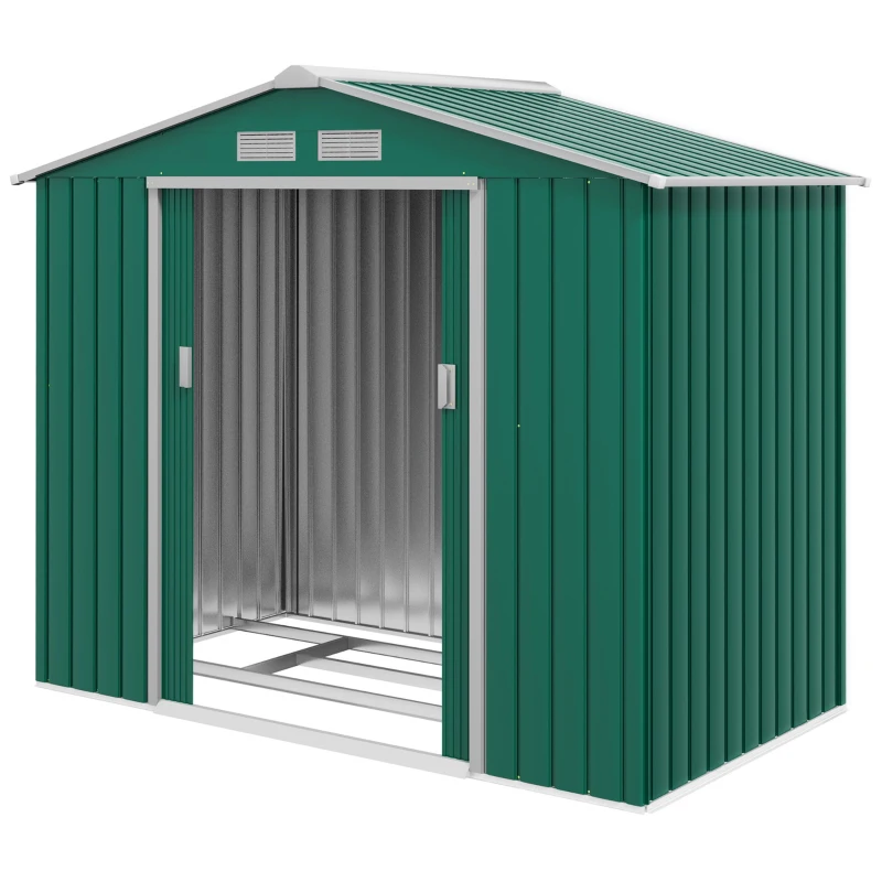 Outsunny 7' x 4' Outdoor Storage Shed, Garden Tool House w/ Foundation Kit Vents & Sliding Doors for Backyard Patio, Green