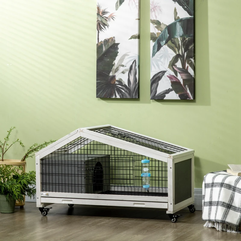 PawHut 35" Wooden Rabbit Hutch with No-leak Tray, Pet Playpen with Wheels, Water Bottle, Bunny House for Rabbits and Small Animals, Dark Gray