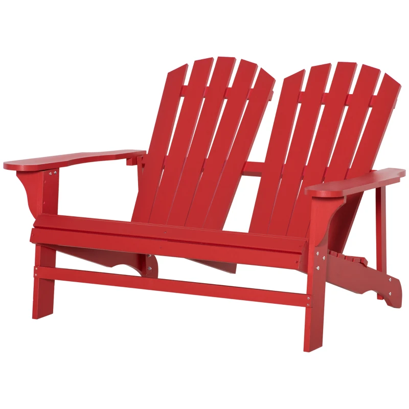 Outsunny 2 Person Adirondack Loveseat, Fire Pit Chair for 2, Wooden Double Adirondack for Patio, Porch, Backyard, Garden with High-back, Wide Armrests, Red