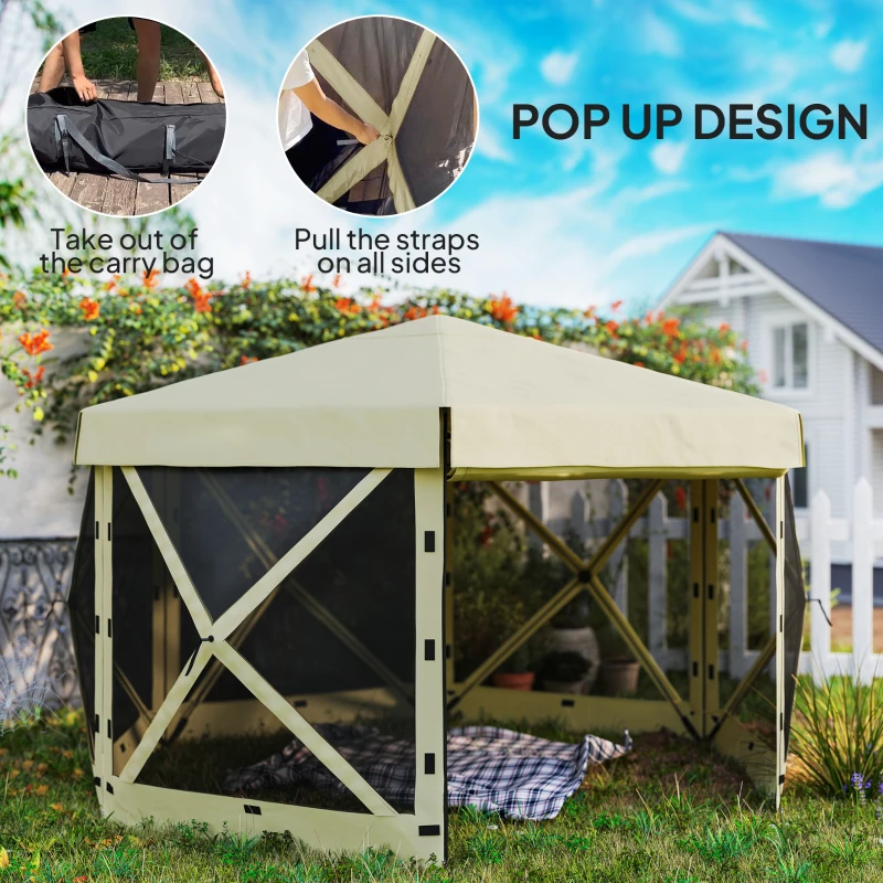 Outsunny 12' x 12' Hexagonal Pop Up Gazebo Canopy Tent with 5 Sidewalls, Outdoor Canopy Shelter with Carry Bag, Beige