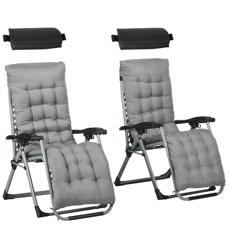 Outsunny Folding Garden Chairs Set of 2, Reclining Zero Gravity Chair, Sun Lounger with Cushion and Headrest, Dark Grey