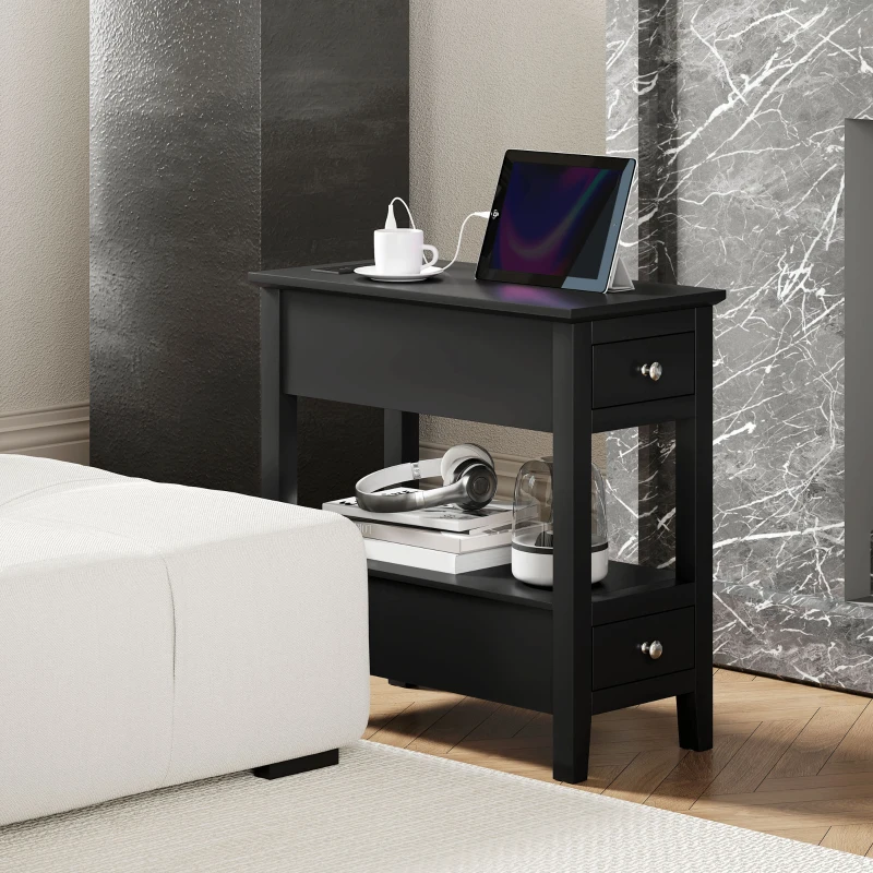 HOMCOM Narrow Side Table with Charging Station, USB Ports, Modern End Table with Storage Shelf, Drawers for Living Room, Black