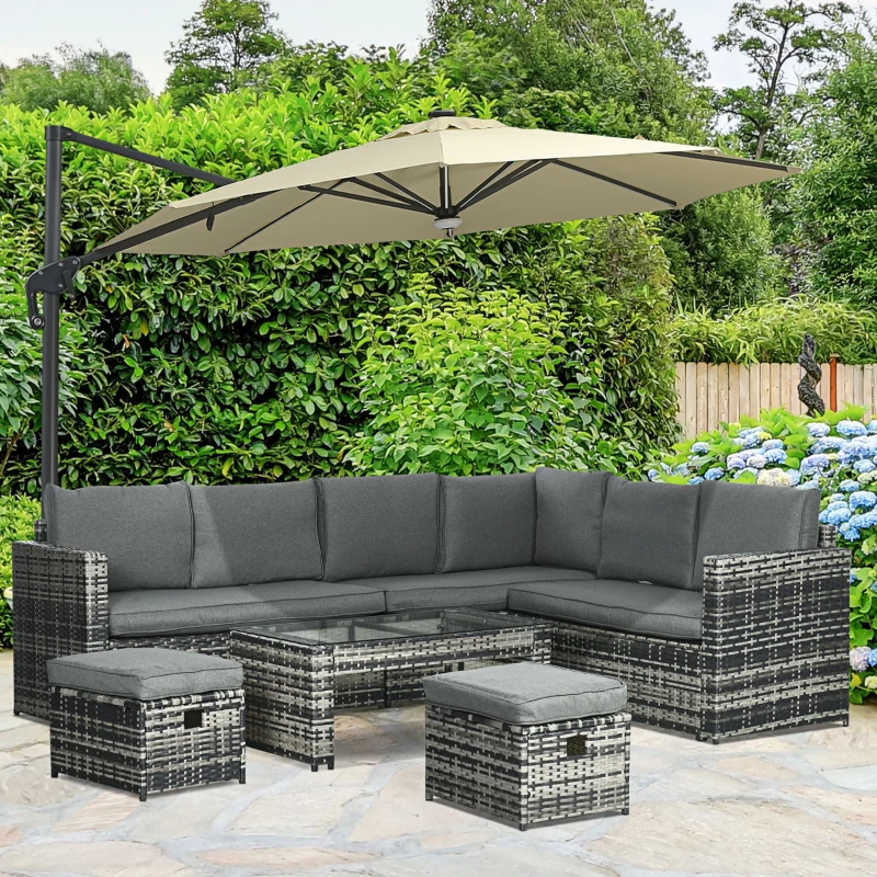 Outsunny 6 Piece Rattan Garden Furniture Set, 8-Seater Outdoor Sofa Sectional with 3 Loveseat Wicker Sofa with Cushions, 2 Footstools and Glass Table for Yard, Poolside, Grey