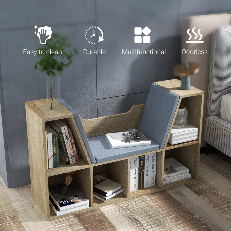 HOMCOM 6-Cubby Bookcase with Seat Cushion, Cube Storage Shelf with Reading Nook for Home Office, Study, Oak